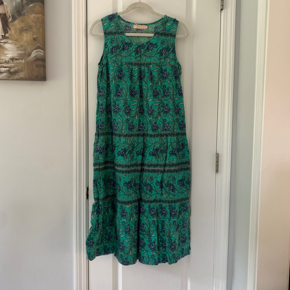 La Cera Green Floral Cotton Tiered Midi Dress Sleeveless Block Print Small